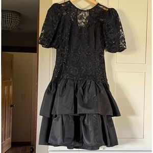 Vintage 80s Cachet black cocktail dress, sequined top taffeta tiered bottom, 5/6